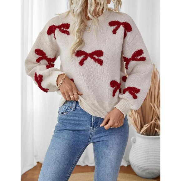 Women's Ribbed Knit Crewneck Sweater Fluffy Bow Valentines Casual Spring - Picture 4 of 6